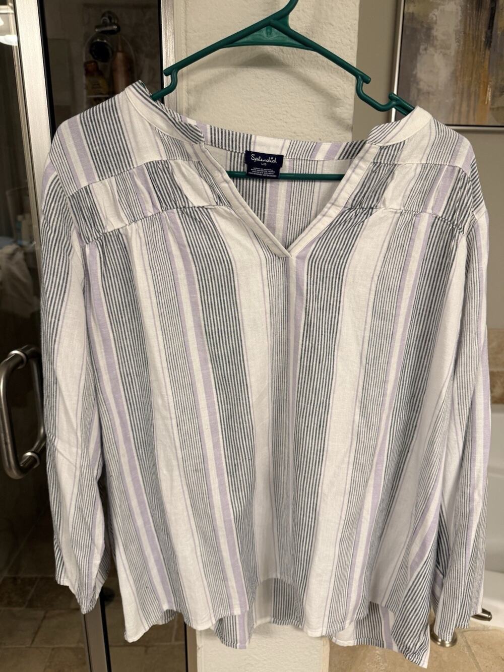 Splendid Womens Large Linen Blend Striped Blouse Purple White Boho Top